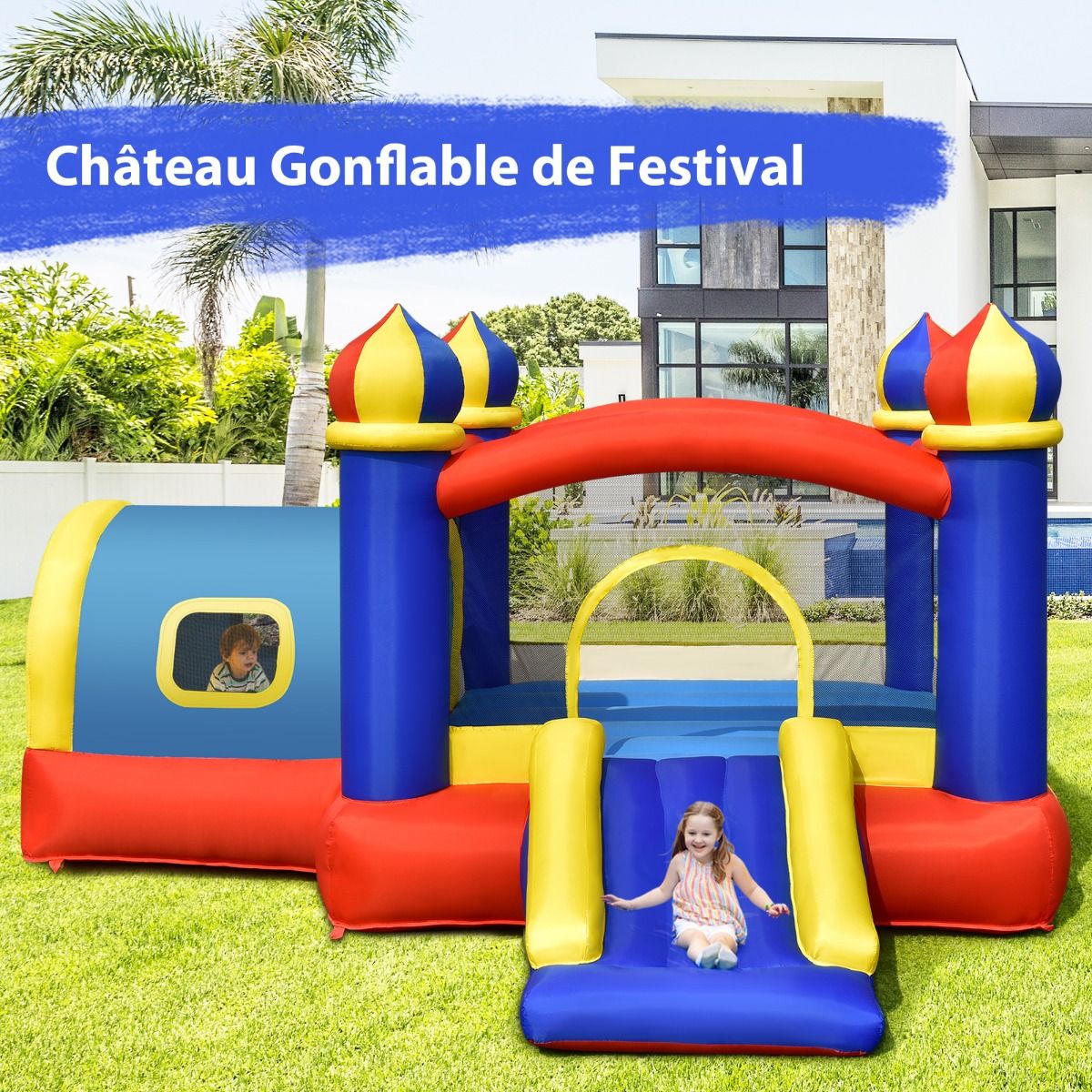 Inflatable Castle for Children with Bouncing Space Small House Slide Basketball Hoop (without inflator) -