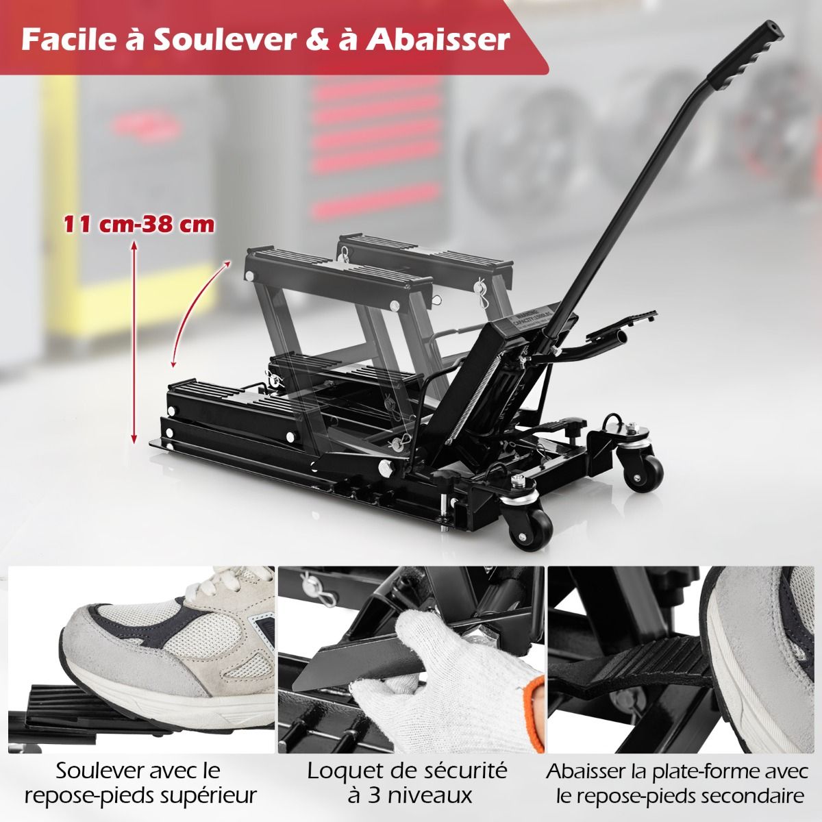 Hydraulic Jack for Motorcycle 680 kg Capacity Motorcycle Lift Table Height Adjustable Platform on 3 Levels Red/Black -