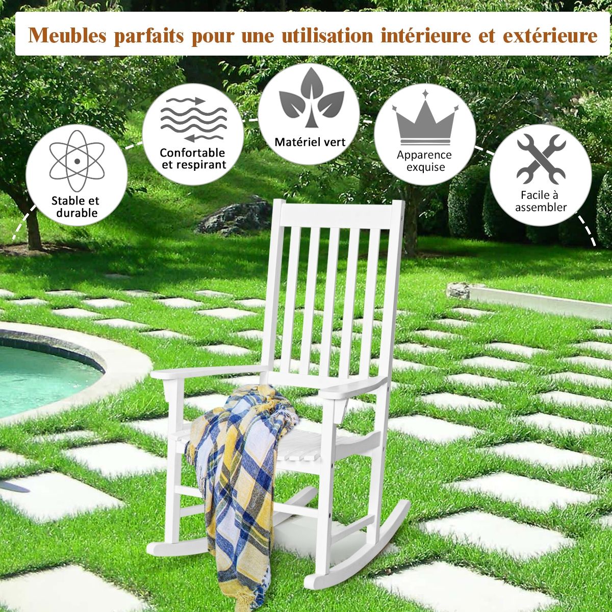 Acacia Wood Rocking Chair Rocking Chair for Garden Lawn Balcony White -