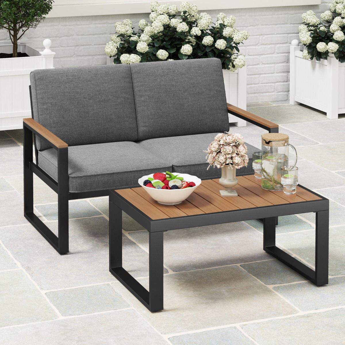 2 Piece Garden Furniture Set with Loveseat Coffee Table Aluminum Outdoor Furniture Set with Gray Armrests -