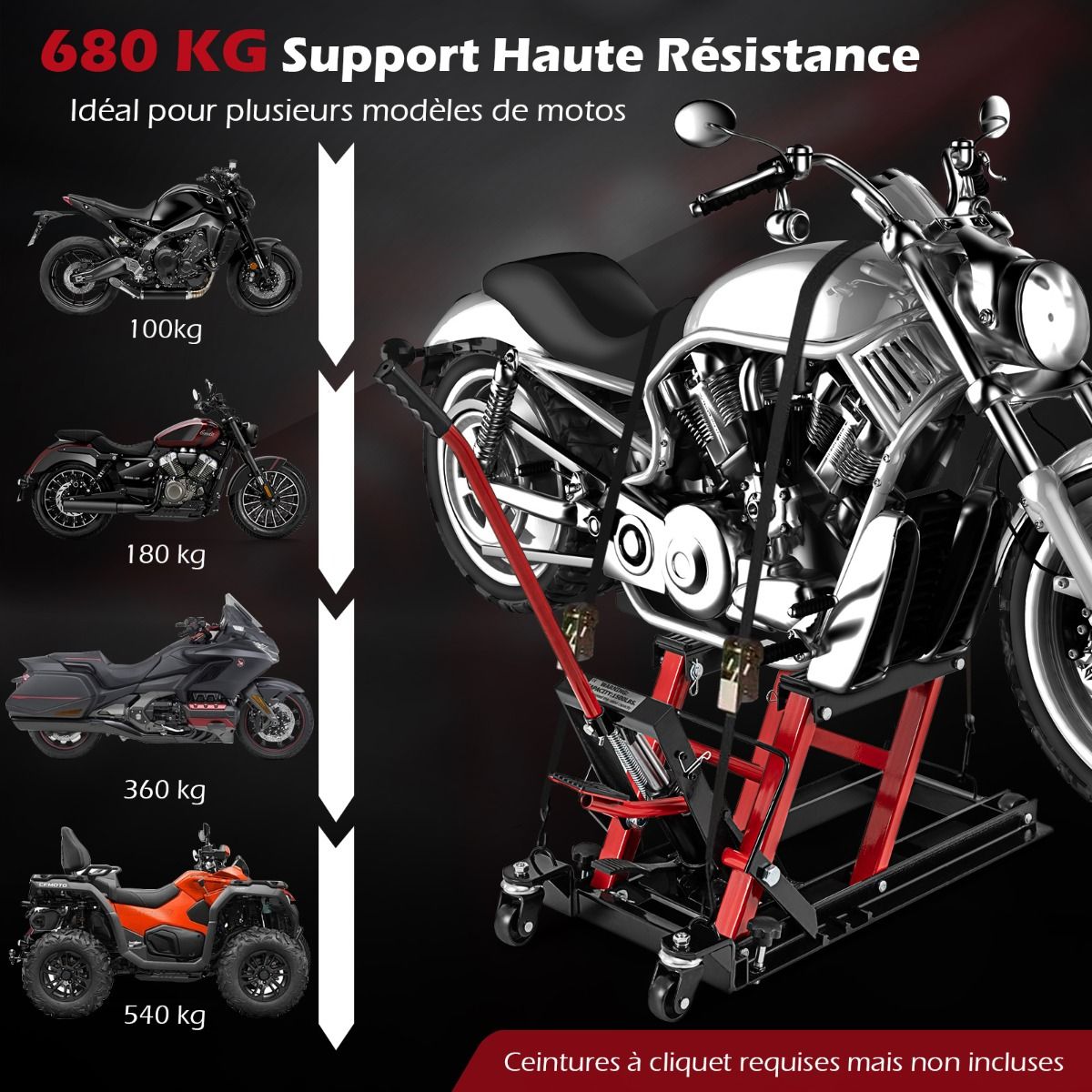 Hydraulic Jack for Motorcycle 680 kg Capacity Motorcycle Lift Table Height Adjustable Platform on 3 Levels Red/Black -