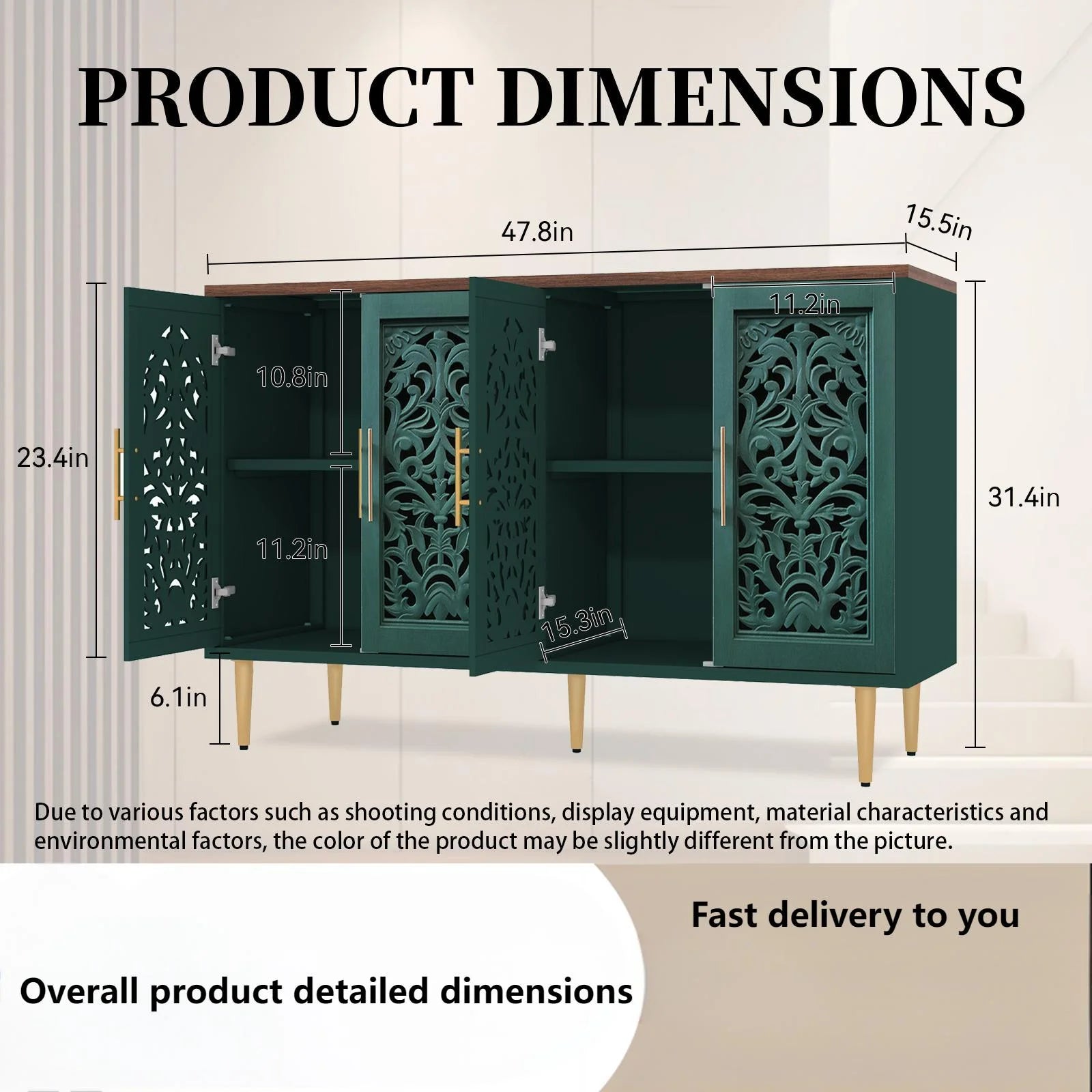 HLR 48" Accent Cabinet with 4 Doors, Vintage Hollow Carving Storage Credenza - Product image 56