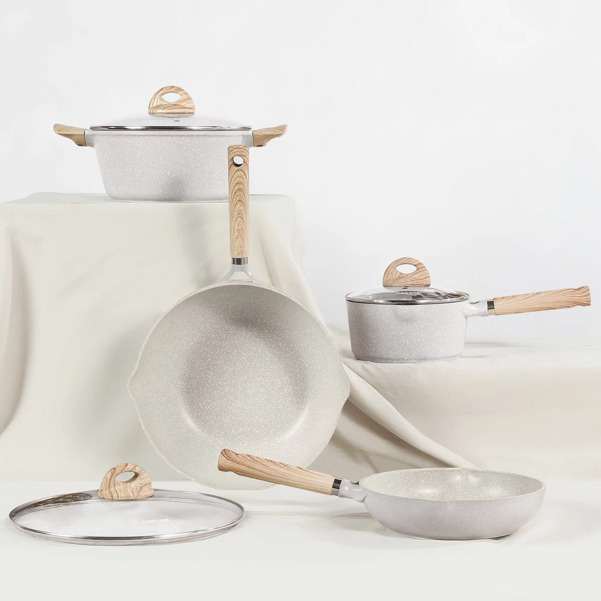 Carote Nonstick Cookware Set 21 - Piece, Kitchen Pots and Pans Set, Stay - Cool Handles, Induction Compatible, Cookware Set for RV and Camping, Beige