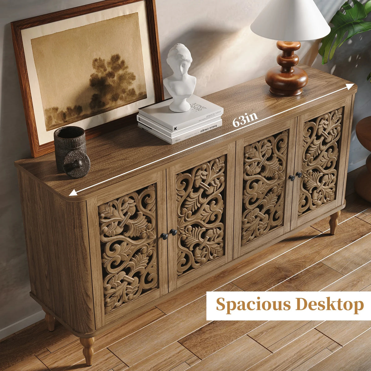 HLR 48" Accent Cabinet with 4 Doors, Vintage Hollow Carving Storage Credenza - Product image 110
