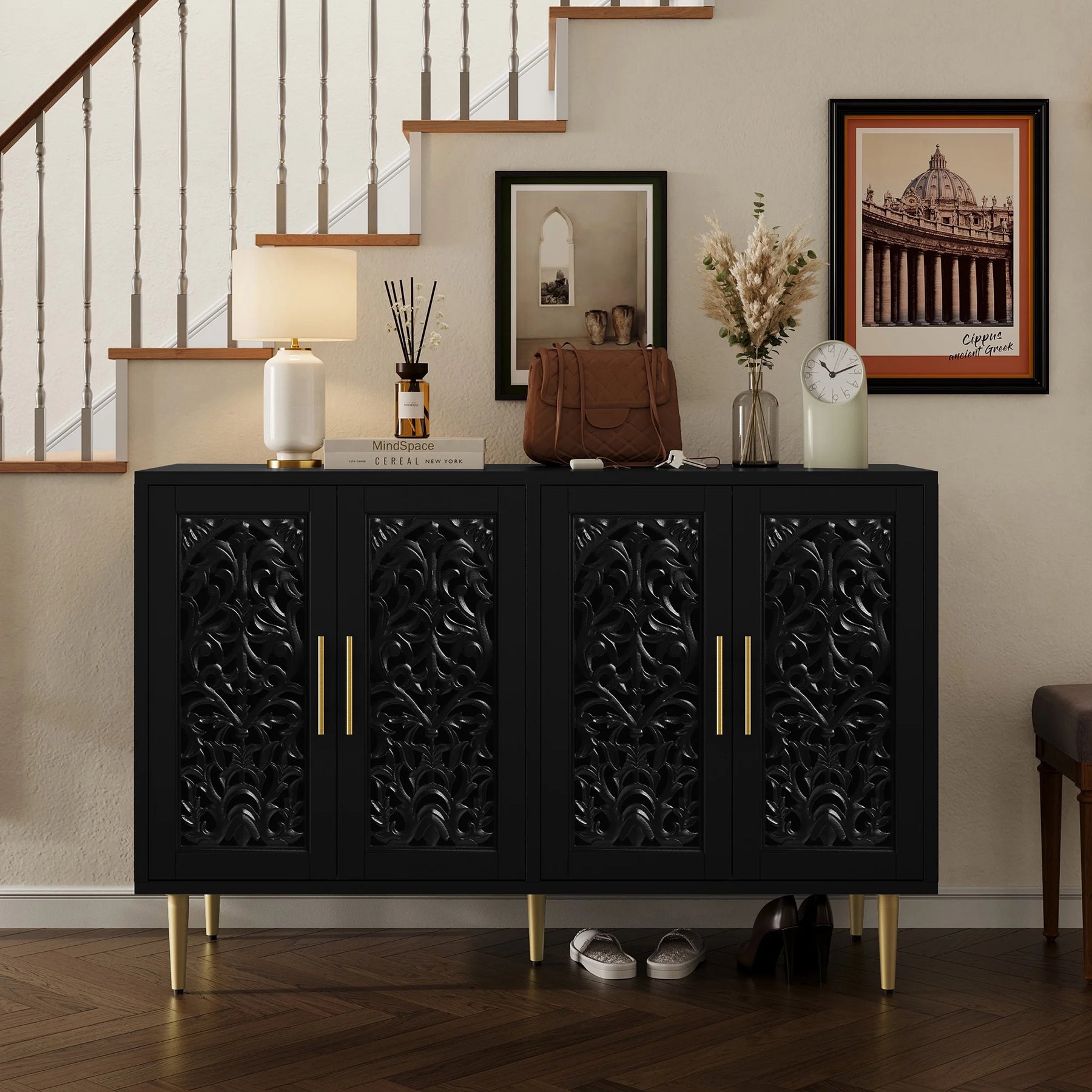 HLR 48" Accent Cabinet with 4 Doors, Vintage Hollow Carving Storage Credenza - Product image 75
