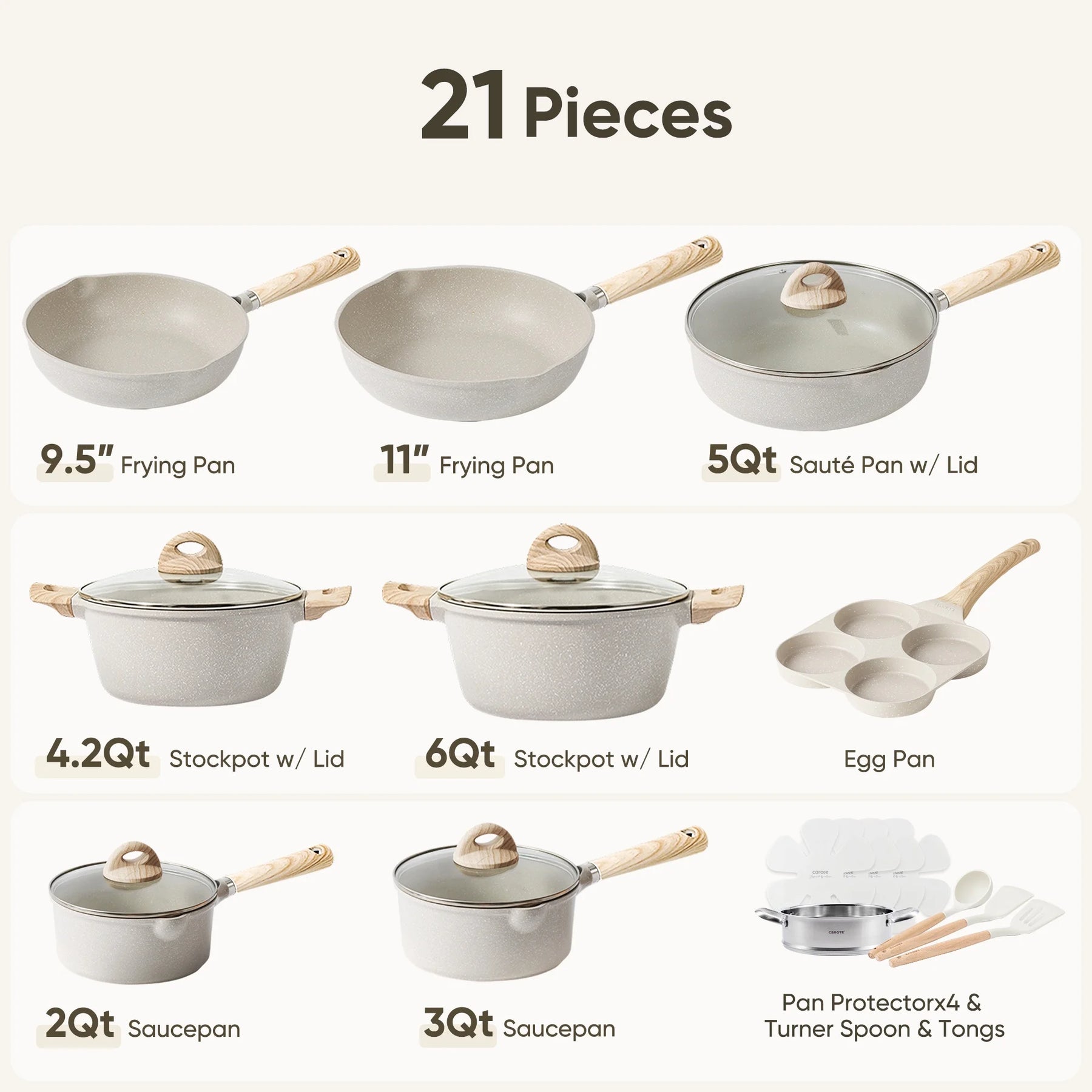 Carote Nonstick Cookware Set 21 - Piece, Kitchen Pots and Pans Set, Stay - Cool Handles, Induction Compatible, Cookware Set for RV and Camping, Beige