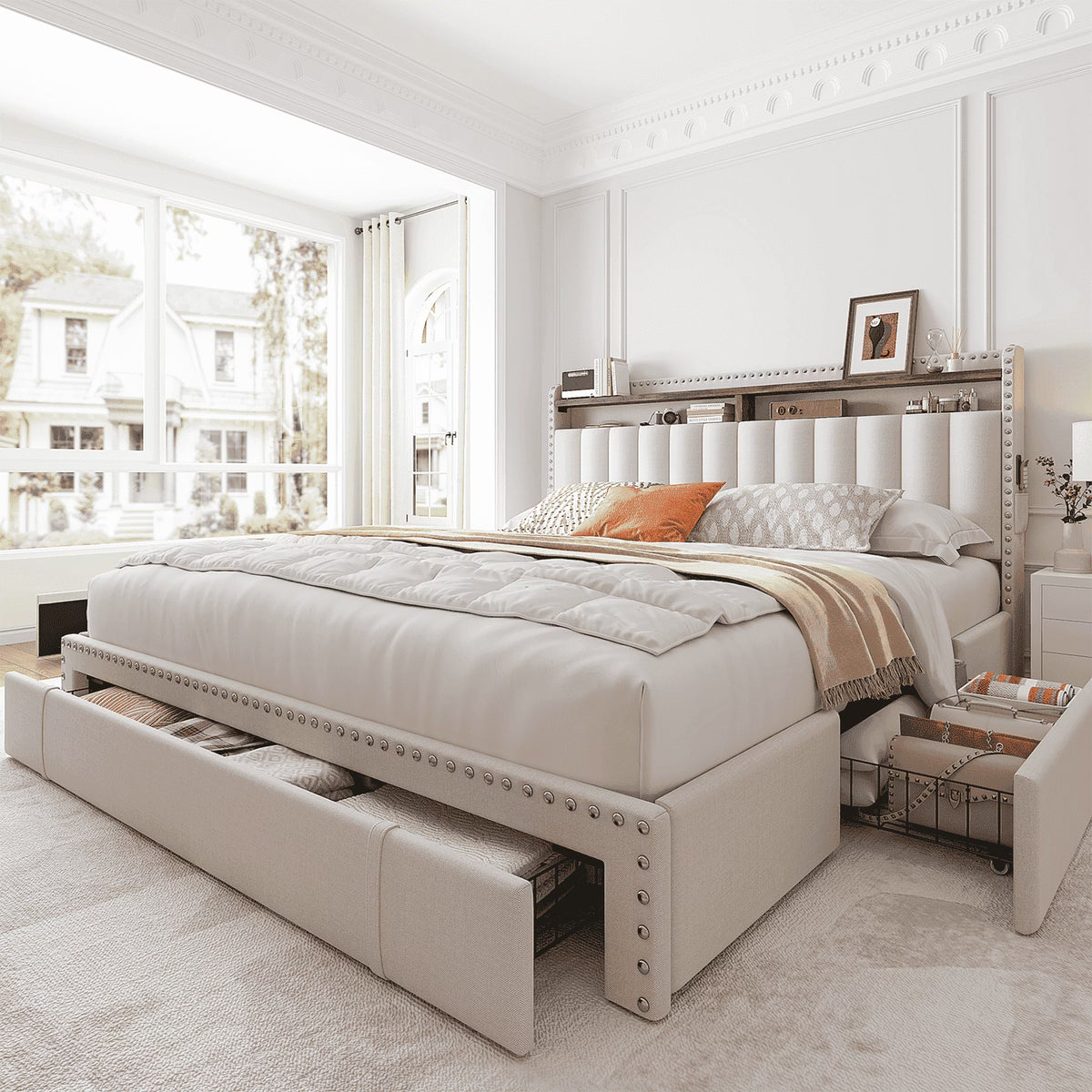 Enhomee Queen Bed Frame with 3 Storage Drawers Upholstered Queen Size Bed Frame with Headboard Noise Free - Product image 1