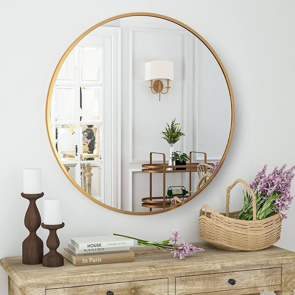 XRAMFY 30 in. W x 30 in. H Round Aluminum Alloy Framed Gold Wall Mirror - Product image 1
