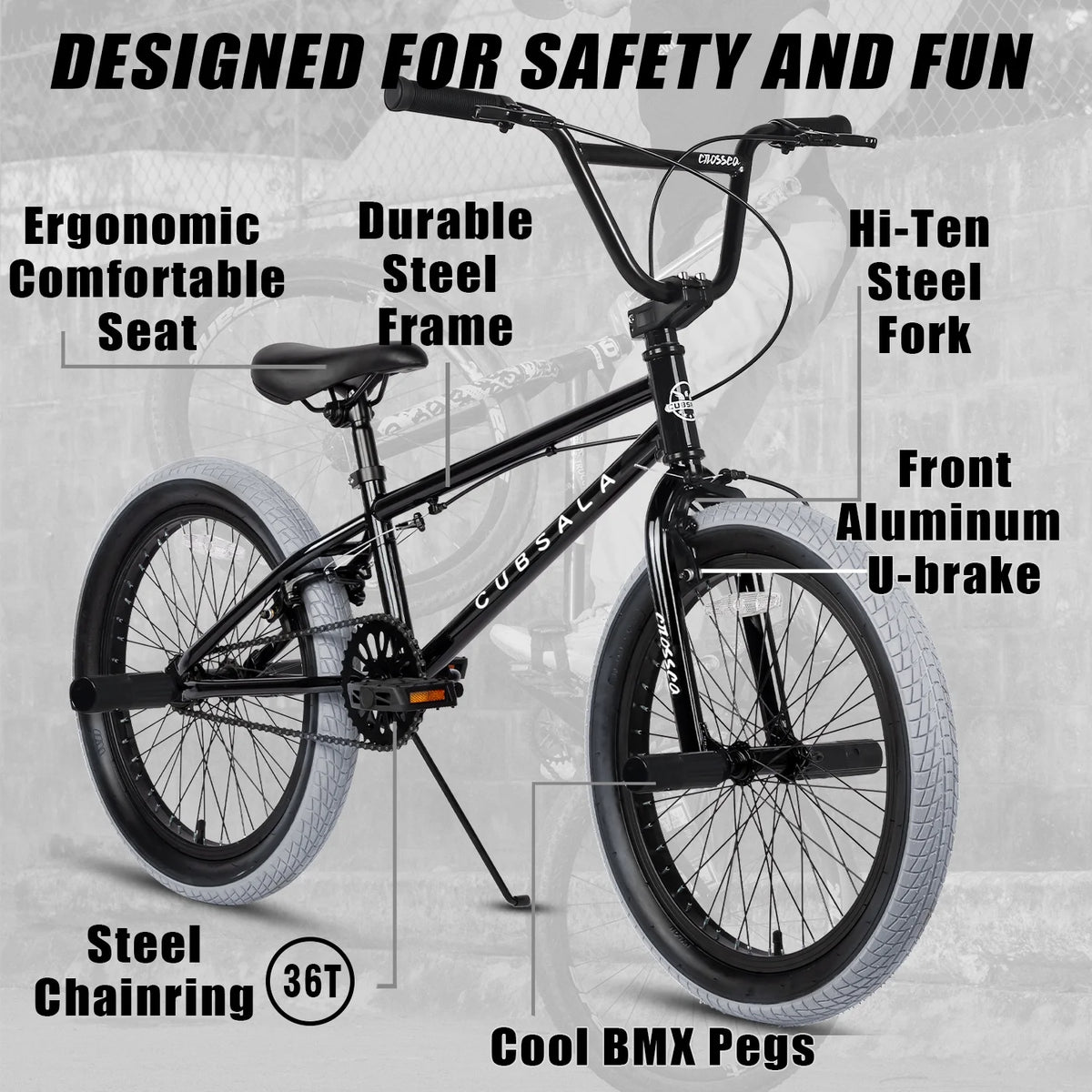 Cubsala 20 in Kids BMX Bike Freestylefor Age 6 - 14 Years Old Boys Girls with 4 Pegs, Black with Red Tires - Product image 32