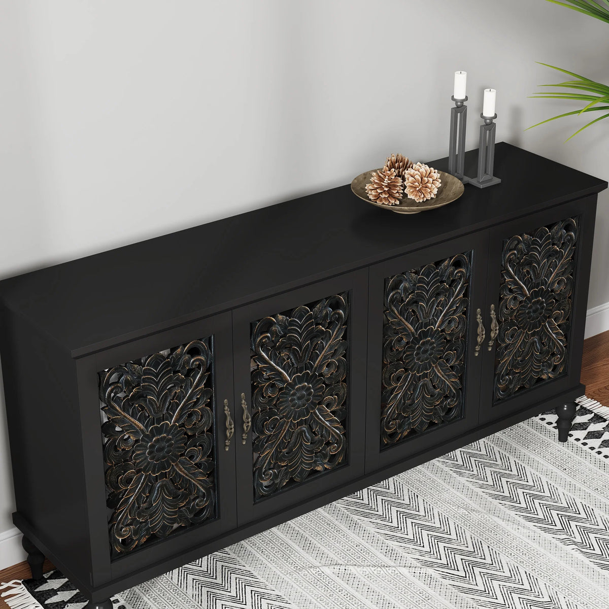 HLR 48" Accent Cabinet with 4 Doors, Vintage Hollow Carving Storage Credenza - Product image 43