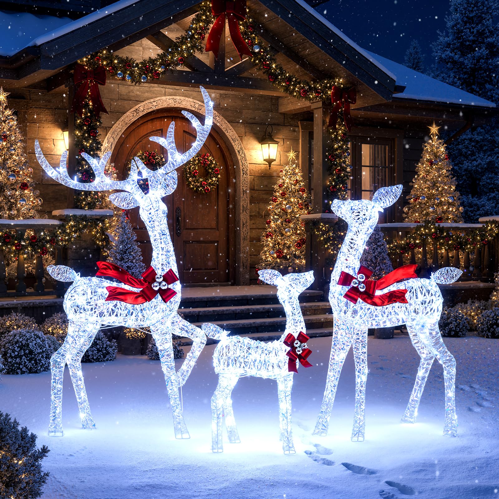 Tangkula 3-Piece Christmas Lighted Iridescent Reindeer Family Set with 215 Cold White LED Lights and Ground - Product image 1
