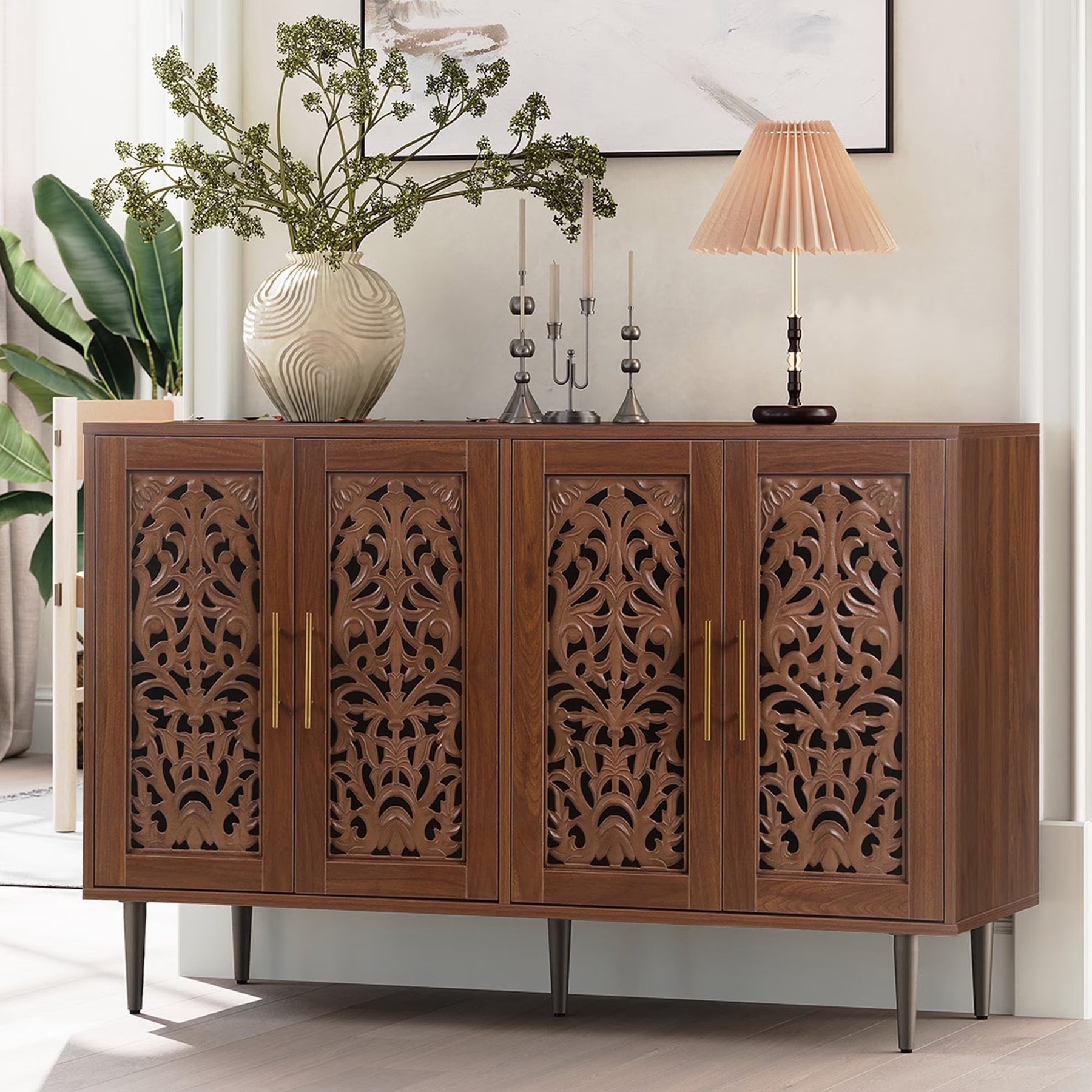 HLR 48" Accent Cabinet with 4 Doors, Vintage Hollow Carving Storage Credenza - Product image 22