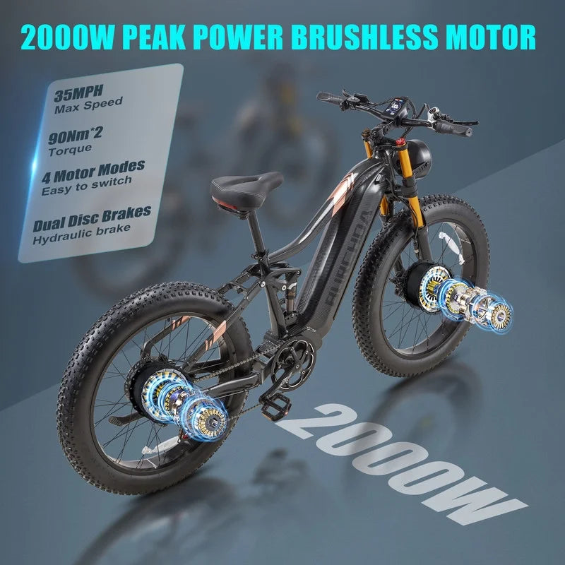 Dual Motors AWD 2000W Electric Bike for Adult 26'', UL2849 48V 30AH Removable Battery E - Product image 8