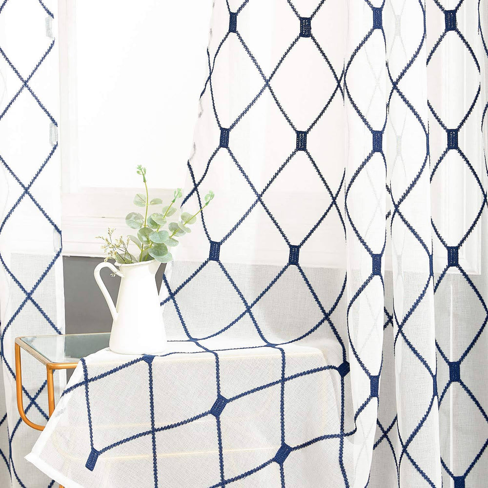 Top Finel White Sheer Curtains 63 inch Length Navy Blue Embroidered Diamond Grommet Window Curtains for Living Room Bedroom, 2 P