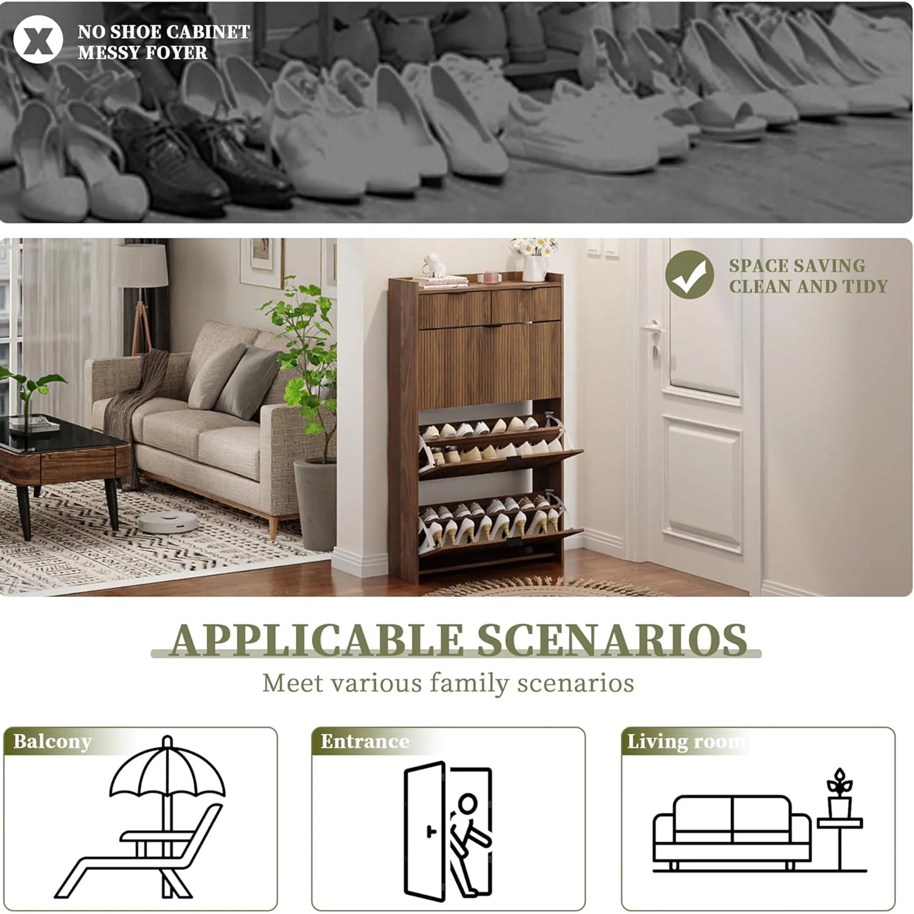 Shoe Cabinet, Free Standing Tipping Bucket Shoe Rack Organizer with 3 Flip Drawers - Product image 9