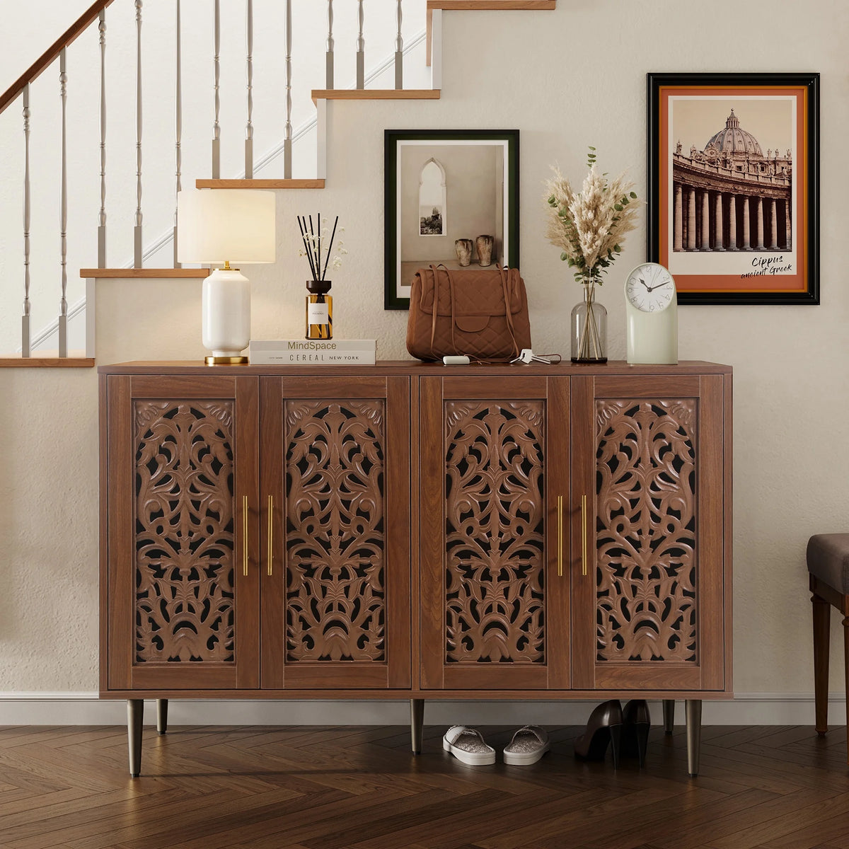 HLR 48" Accent Cabinet with 4 Doors, Vintage Hollow Carving Storage Credenza - Product image 117