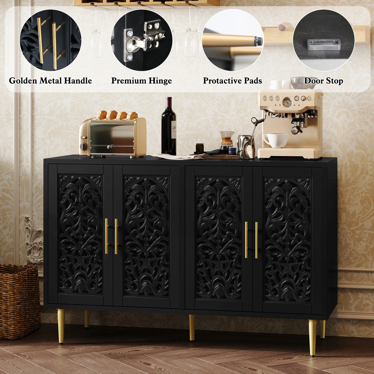 HLR 48" Accent Cabinet with 4 Doors, Vintage Hollow Carving Storage Credenza - Product image 71