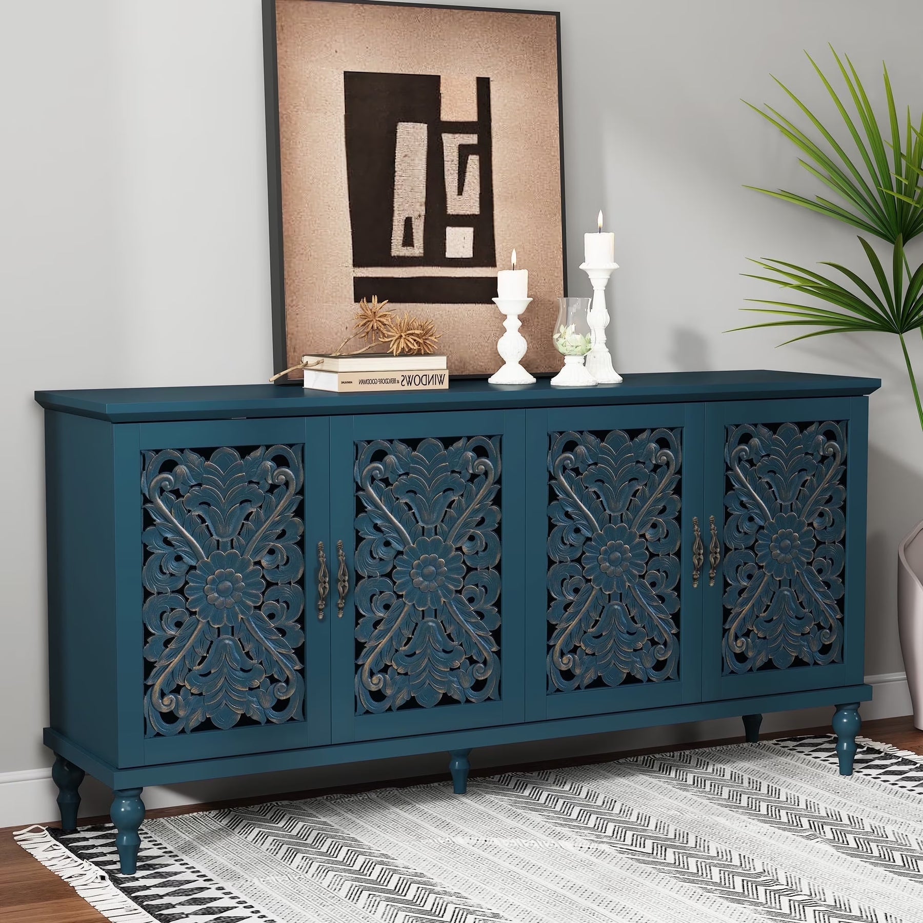 HLR 48" Accent Cabinet with 4 Doors, Vintage Hollow Carving Storage Credenza - Product image 16