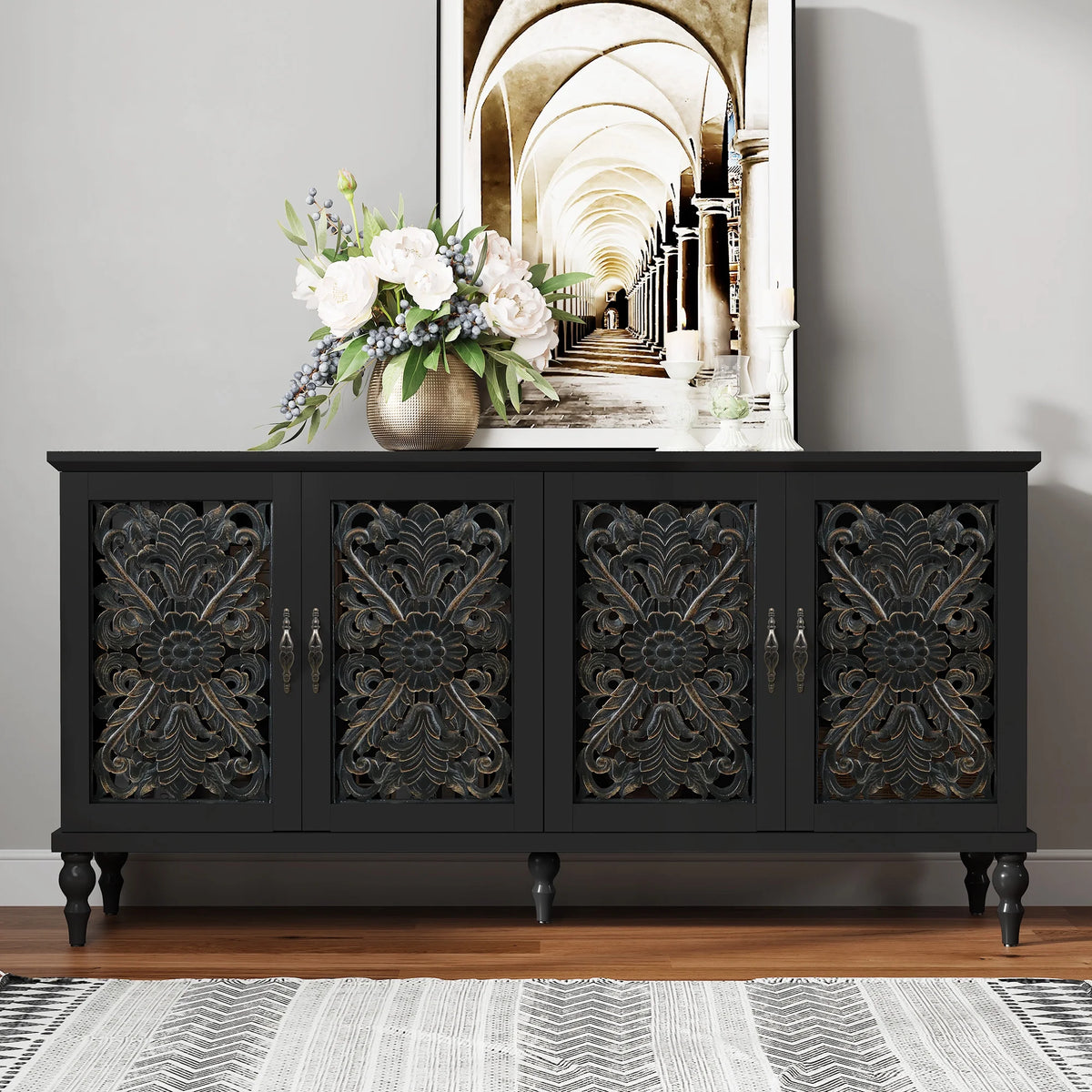 HLR 48" Accent Cabinet with 4 Doors, Vintage Hollow Carving Storage Credenza - Product image 41