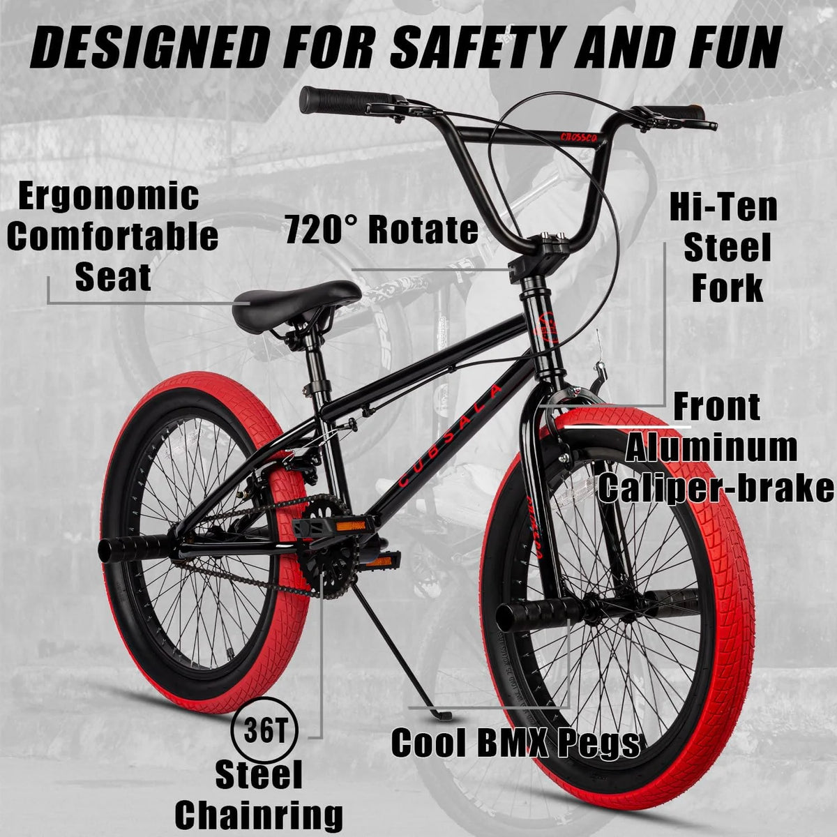 Cubsala 20 in Kids BMX Bike Freestylefor Age 6 - 14 Years Old Boys Girls with 4 Pegs, Black with Red Tires - Product image 14