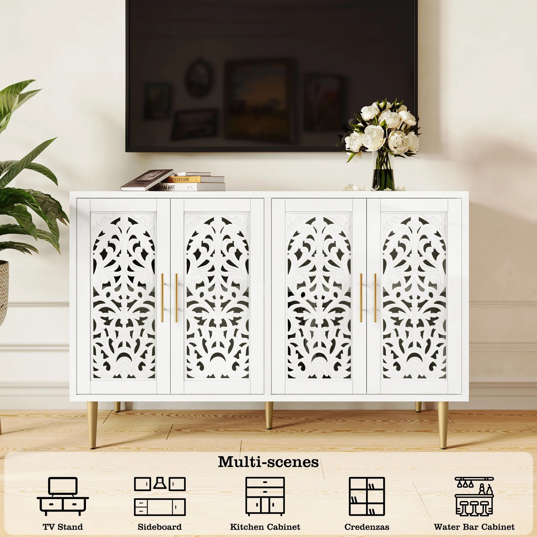 HLR 48" Accent Cabinet with 4 Doors, Vintage Hollow Carving Storage Credenza - Product image 6