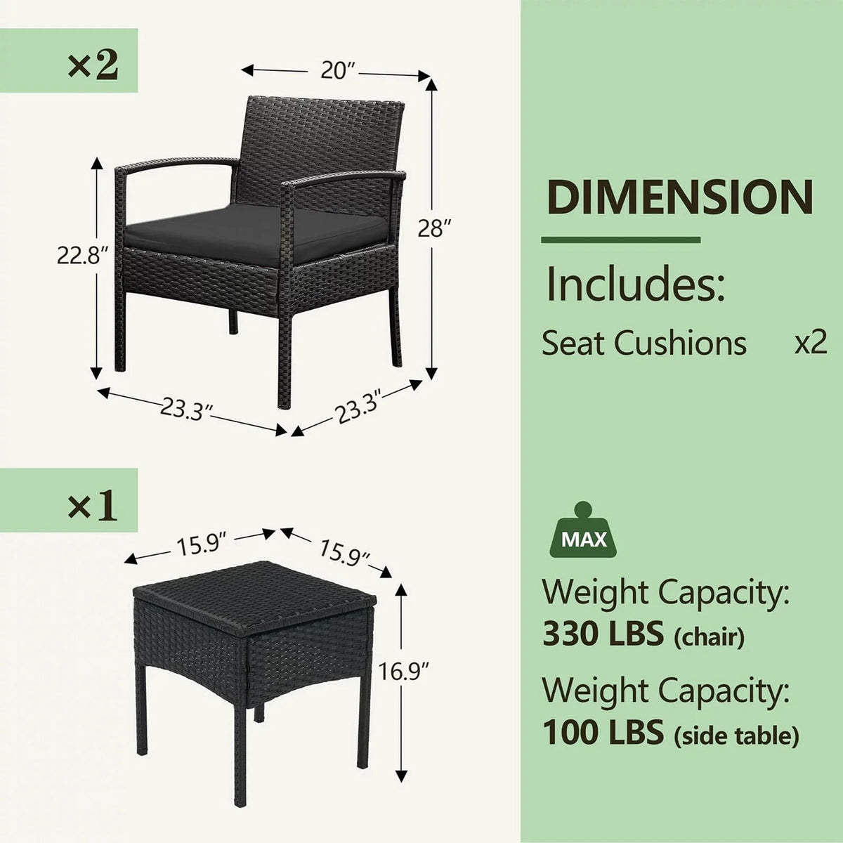 Tappio Outdoor Furniture 3 Piece Patio Bistro Furniture Set, Rattan Conversation Chairs Set with Side - Product image 35