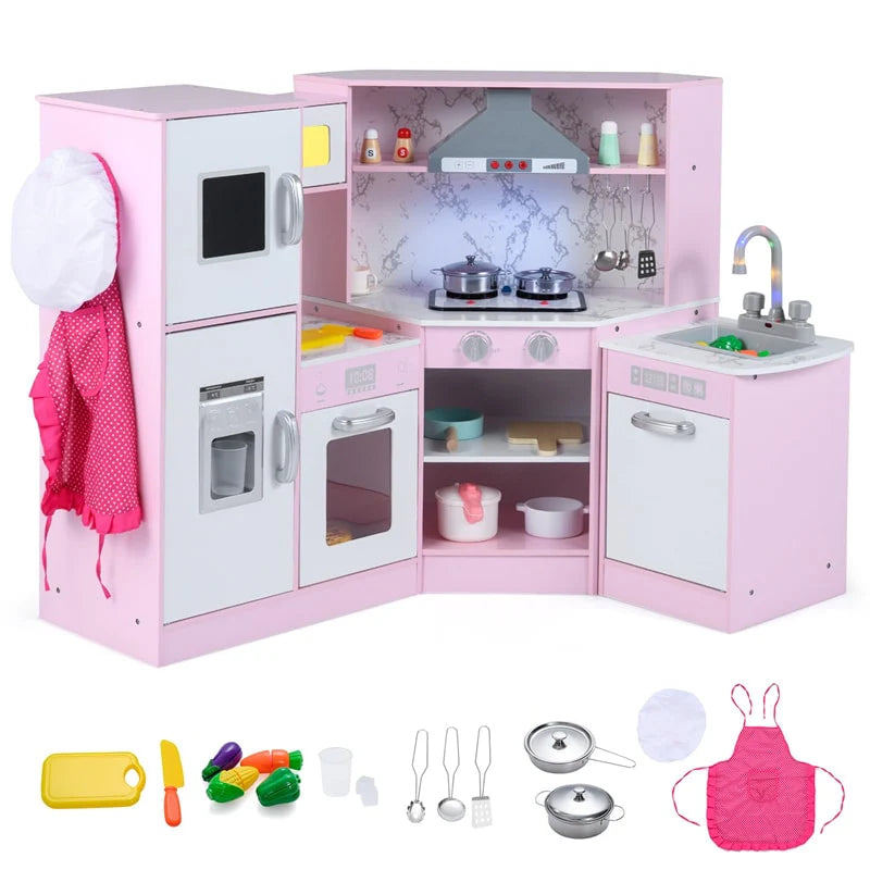 Corner Wooden Kids Kitchen Playset, Little Chef Pretend Toy Kitchen Set w/ Microwave, Range Hood - Product image 19
