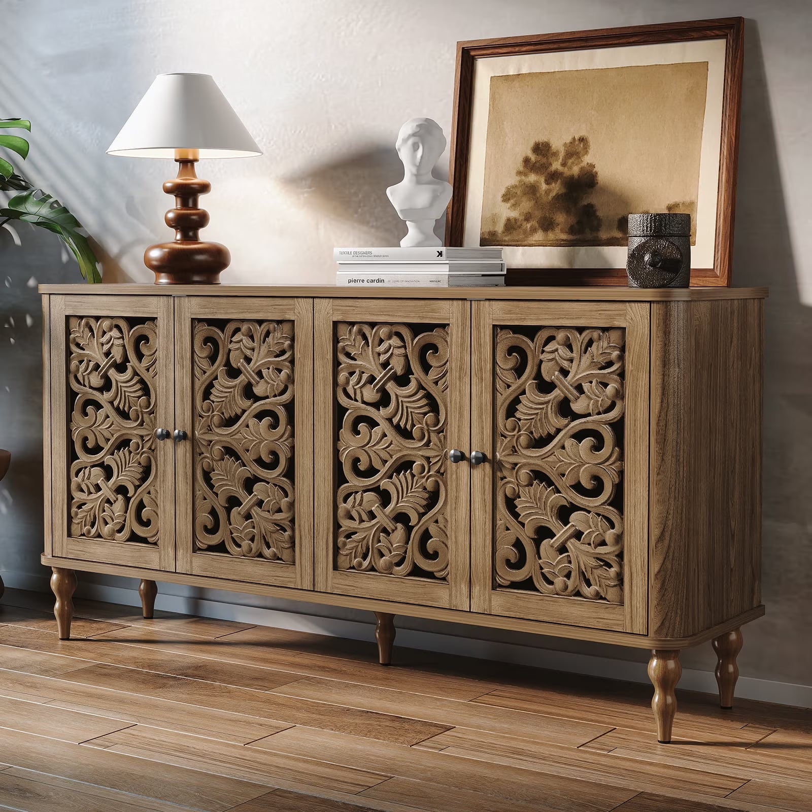 HLR 48" Accent Cabinet with 4 Doors, Vintage Hollow Carving Storage Credenza - Product image 20