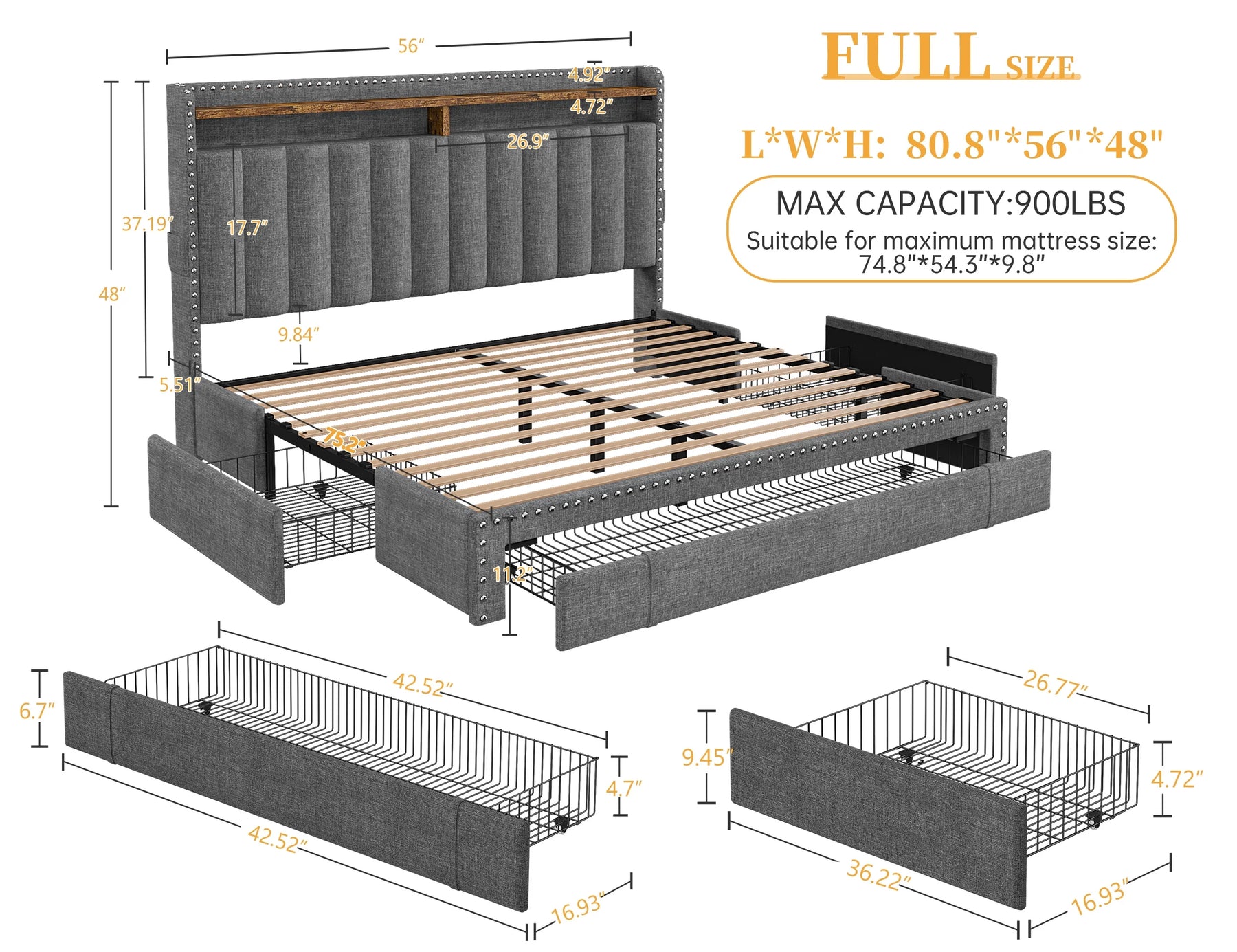 Enhomee Queen Bed Frame with 3 Storage Drawers Upholstered Queen Size Bed Frame with Headboard Noise Free - Product image 9